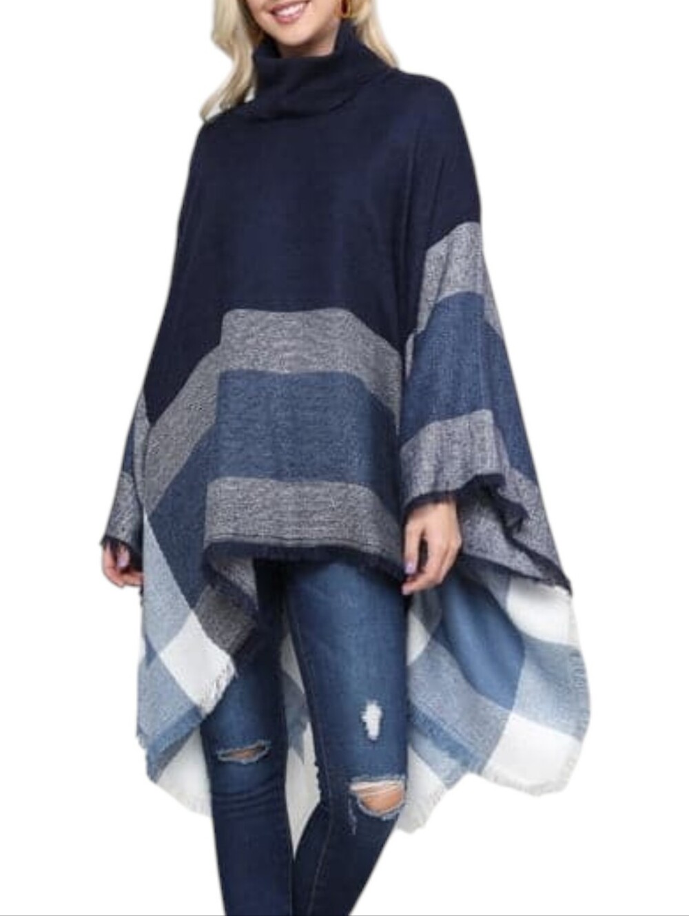 Ara Sports Navy Blue Stripe Turtleneck Knit Poncho